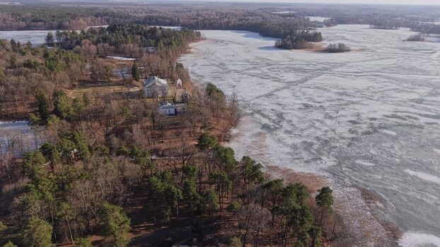Aerial view of Lake Galve with buildings Lithuania.