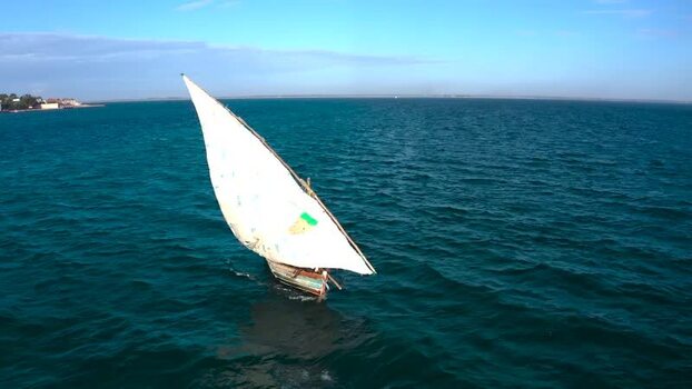 Aerial view of a dhow sailing Mozambique.