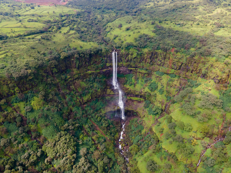 Aerial view of Kaas plateau featuring a cascading waterfall flowing down a lush green cliffside surrounded by dense forest and rolling hills Satara Maharashtra India.