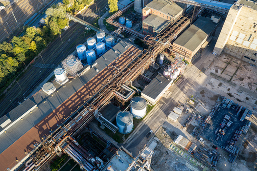 Aerial view of Heizkraftwerk Klingenberg combined heat and power plant featuring industrial infrastructure storage tanks and complex piping systems in Berlin Berlin Germany. Aerial view of Heizkraftwerk Klingenberg combined heat and power plant featuring industrial infrastructure storage tanks and complex piping systems in Berlin Berlin Germany.