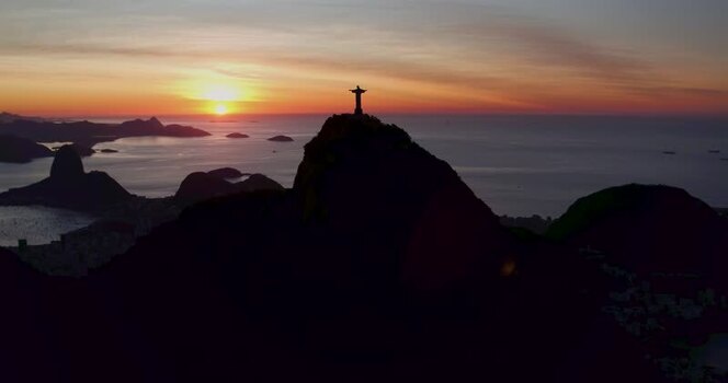 Aerial view of Christ the Redeemer at sunrise Brazil.