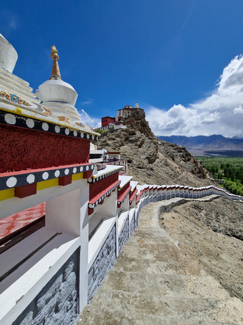 View of Thiksey Monastery with its iconic white stupas red and white walls and stone stairs leading up the rocky hillside under a clear blue sky in Thiksey Ladakh India.