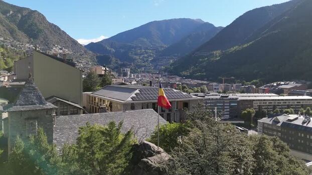 Aerial view of Andorra la Vella city and mountains Andorra.