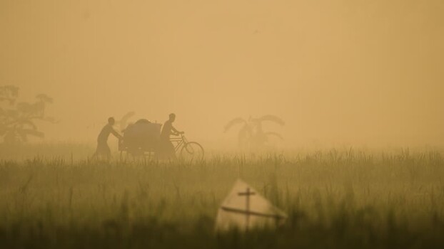 View of people in a misty field at sunrise Bangladesh.