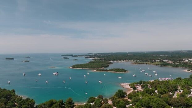 Aerial view of Vrsar coastline with boats in Croatia.