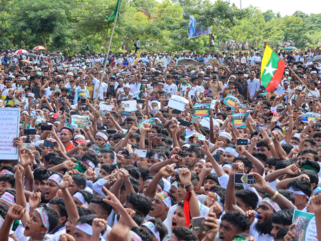 Cox s Bazar Chittagong Division Bangladesh 19 July 2026 View of a large crowd of Rohingya refugees protesting and holding signs and flags during a demonstration at a camp. Cox s Bazar Chittagong Division Bangladesh 19 July 2026 View of a large crowd of Rohingya refugees protesting and holding signs and flags during a demonstration at a camp.