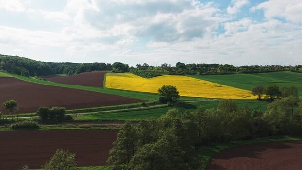 Aerial view of yellow rapeseed fields and rolling hills Germany.