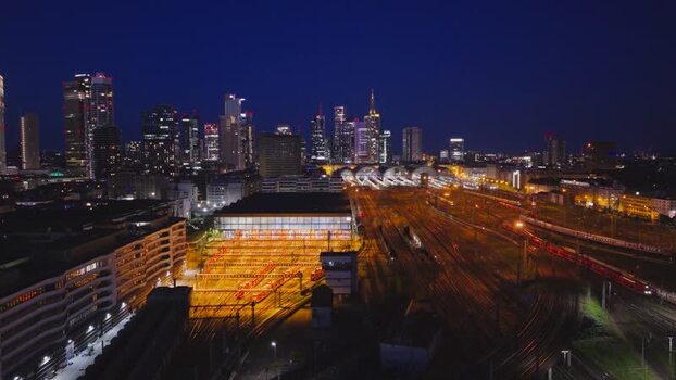 Aerial view of the Hauptbahnhof and illuminated skyline Germany.