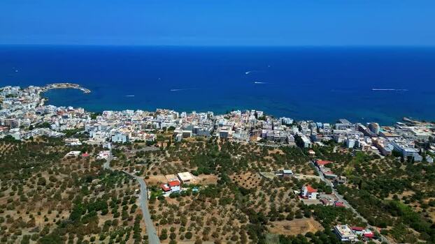 Aerial view of coastal town in Crete Greece.