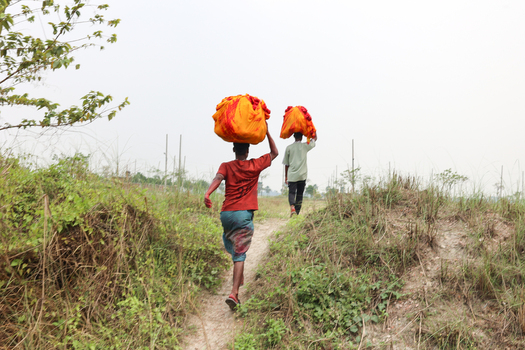 Narayanganj Bangladesh 30 March 2026 View of figures carrying vibrant orange loads ascend a grassy hill under a soft overcast sky.