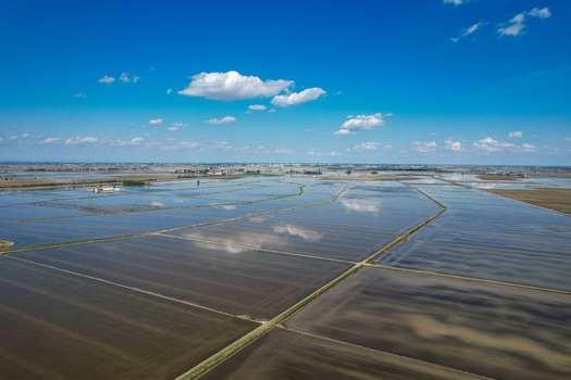 Aerial view of Azienda Agricola Veneria and flooded rice fields reflecting the blue sky and clouds in Veneria Piemonte Italy. Aerial view of Azienda Agricola Veneria and flooded rice fields reflecting the blue sky and clouds in Veneria Piemonte Italy.