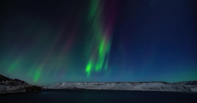 View of Northern Lights over Kleifarvatn Iceland.