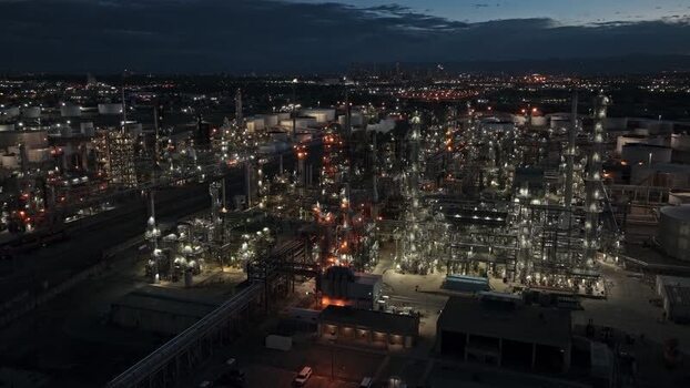 Aerial view of Suncor Energy refinery at night United States.