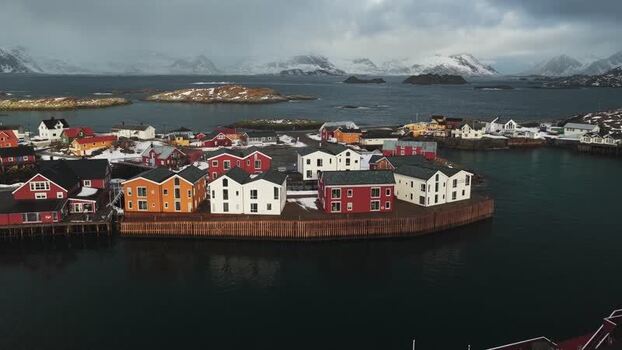 Aerial view of colorful houses in Henningsv&aelig;r Norway.