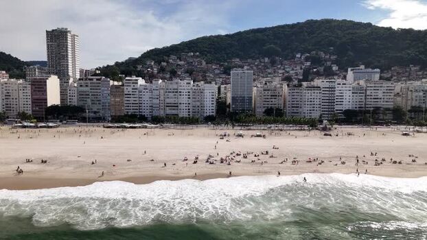 Aerial view of Copacabana Beach and city skyline Brazil.