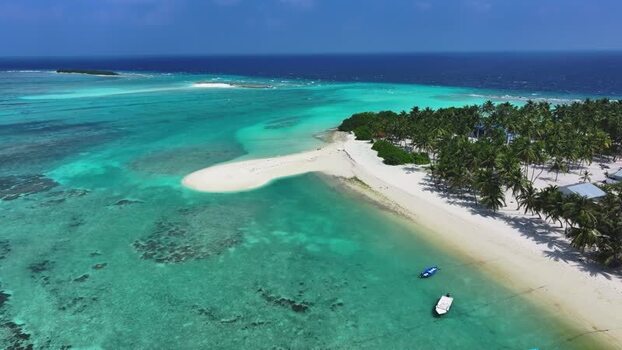 Aerial view of a tropical island with palm trees and boats Maldives. Aerial view of a tropical island with palm trees and boats Maldives.
