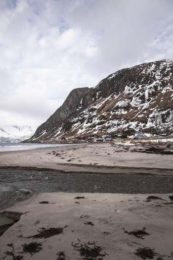 View of a sandy beach with seaweed and a small stream flowing into the sea against snow dusted mountains Kvaloya Troms Norway. View of a sandy beach with seaweed and a small stream flowing into the sea against snow dusted mountains Kvaloya Troms Norway.