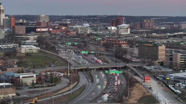 Aerial view of Cincinnati skyline and highway United States. Aerial view of Cincinnati skyline and highway United States.