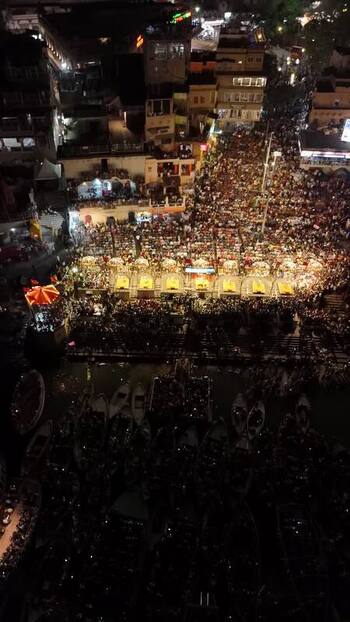 Aerial view of Dashashwamedh Ghat at night in Varanasi India. Aerial view of Dashashwamedh Ghat at night in Varanasi India.