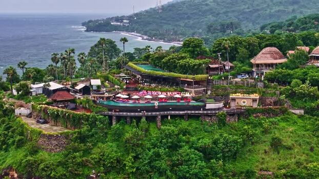 Aerial view of a cliffside resort in Bali Indonesia.
