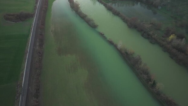 Aerial view of river and railway France.