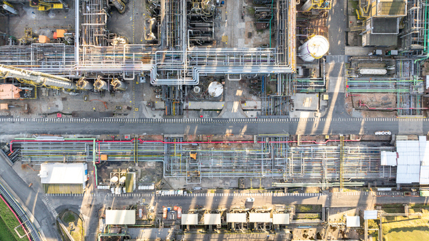 Aerial view of the Capuava Petrochemical Complex featuring intricate networks of pipelines storage tanks and industrial infrastructure in Santo Andre State of Sao Paulo Brazil.