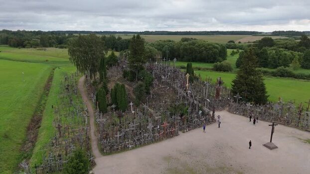 Aerial view of Hill of Crosses in Jurgaiciai Lithuania.