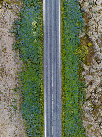 Aerial view of a straight asphalt road cutting through lush green vegetation and rugged volcanic rock formations in Iceland. Aerial view of a straight asphalt road cutting through lush green vegetation and rugged volcanic rock formations in Iceland.