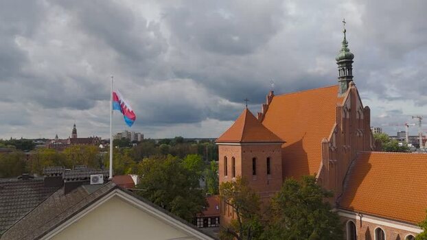 Aerial view of Church and flag Poland. Aerial view of Church and flag Poland.