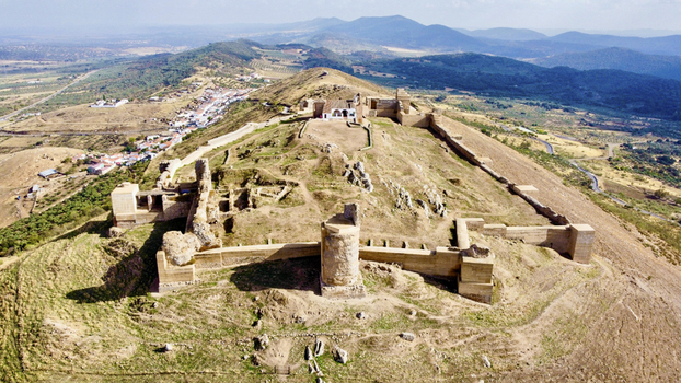 Aerial view of Reina castle Alcazaba de Reina in Casas de Reina town Extremadura district Spain.
