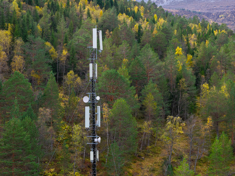 Aerial view of a telecommunications tower standing amidst a dense forest with autumn foliage in Fjord More og Romsdal Norway.