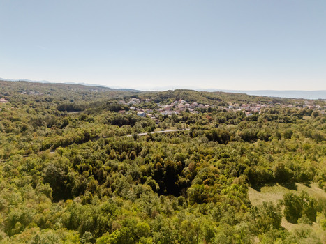 Aerial view of a lush green forest landscape with a small village nestled in the distance under a clear blue sky in Marcelji Primorje Gorski Kotar Croatia.