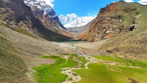 Aerial view of Kikhn Jrav valley and winding stream Tajikistan. Aerial view of Kikhn Jrav valley and winding stream Tajikistan.