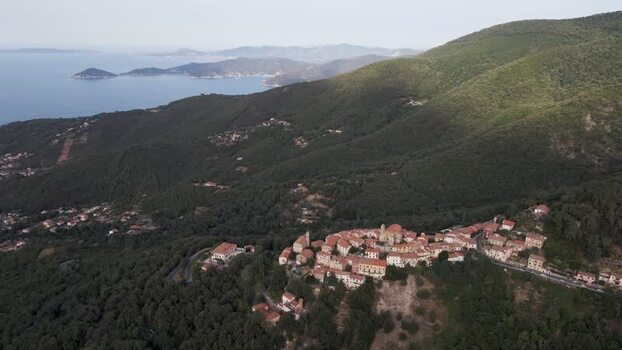 Aerial View of Poggio a small town on the hill Marciana Elba Island Italy.