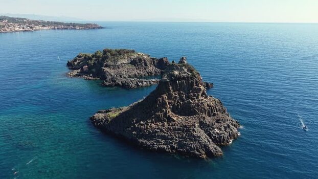 Aerial view of Islands of the Cyclops in Aci Castello Italy.