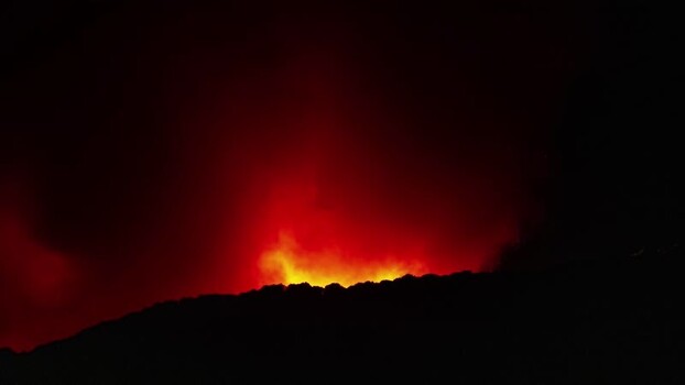 View of volcanic eruption at night in Spain.