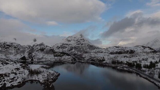 Aerial view of Lofoten mountains in Vagan Municipality Norway.