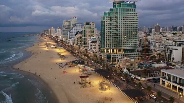 Aerial view of Hilton beach and coastline Israel.