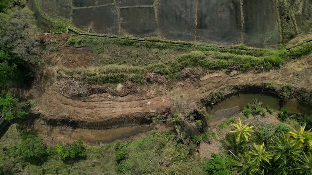 Aerial view of Sigiriya landscape with stream and vegetation Sri Lanka.