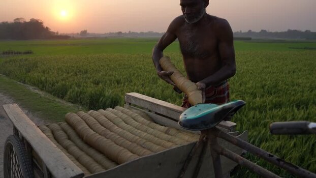 View of a worker loading a cart at sunset in Bangladesh. View of a worker loading a cart at sunset in Bangladesh.