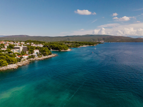 Aerial view of the coastline of Krk featuring turquoise waters rocky shores dense pine forests and coastal buildings in Krk Primorje Gorski Kotar Croatia.