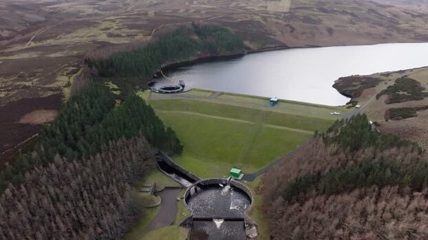 Aerial view of Whiteadder Reservoir dam and hills United Kingdom. Aerial view of Whiteadder Reservoir dam and hills United Kingdom.