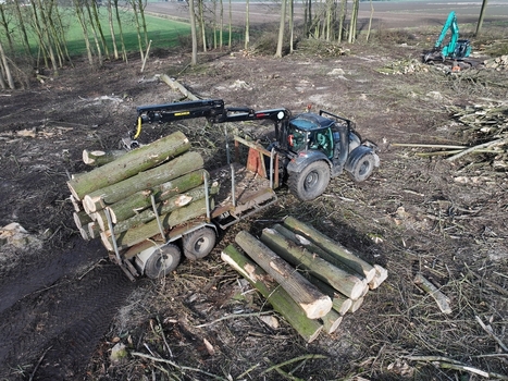 Nederland 06 July 2026 Aerial view of a tractor with a crane loading timber logs in a forest clearing with cut trees and muddy ground. Nederland 06 July 2026 Aerial view of a tractor with a crane loading timber logs in a forest clearing with cut trees and muddy ground.