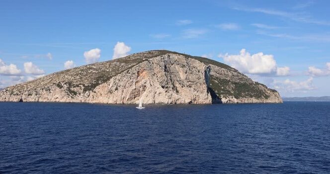 View of Isola di Figarolo and sailboat Italy.