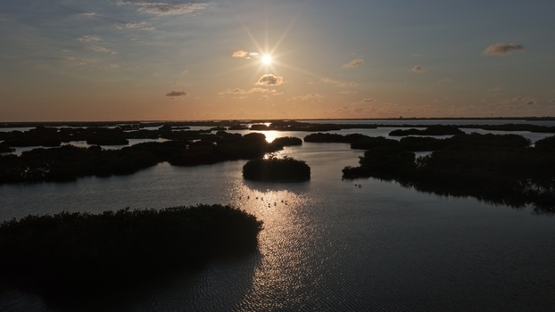 Aerial view of Yucalpeten lagoon with mangrove islands and golden sunset reflections on the water in Progreso Yucatan Mexico. Aerial view of Yucalpeten lagoon with mangrove islands and golden sunset reflections on the water in Progreso Yucatan Mexico.