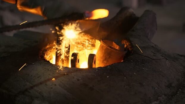 View of molten metal glowing in a furnace Bangladesh