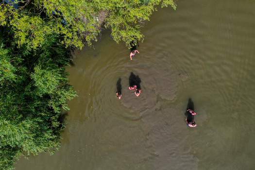 Herzogenaurach Germany 24 July 2025 Aerial view of people cooling off in a lake during the Open Beatz Festival with green trees along the shore.