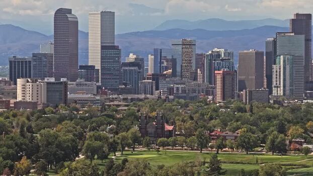 Aerial view of Denver skyline and park United States.