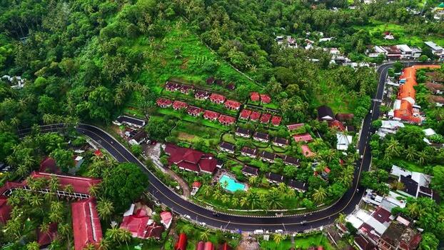 Aerial view of a resort complex in the hills of Indonesia.