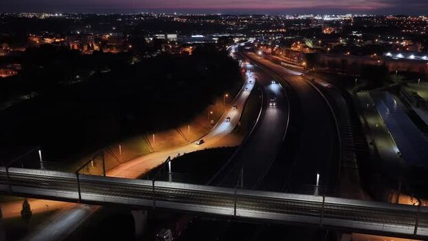 Aerial view of highway and lights Portugal.